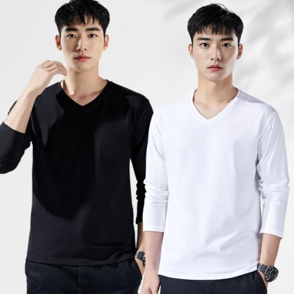 남자 가을 봄 브이넥 V넥 긴팔면티 레이어드 무지 면 긴팔 티셔츠 기본티