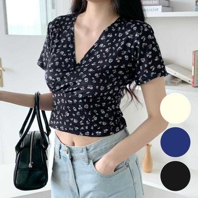 크롭 여자 반팔티 스판 여름 꽃무늬 V넥 슬림 티셔츠 옷 상의 크롭