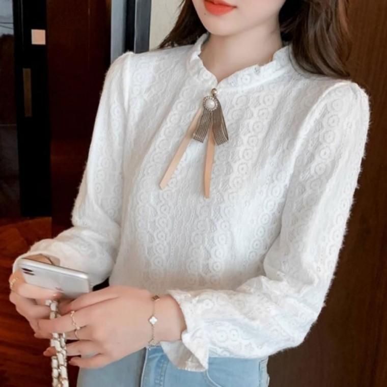 레이스 블라우스 반목 여성 봄 프릴 미니보타이