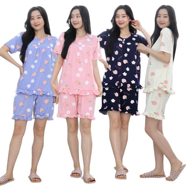 여성 쿨 냉감 아이스 프릴 잠옷 반팔 세트 복숭아 실내복 파자마 주니어