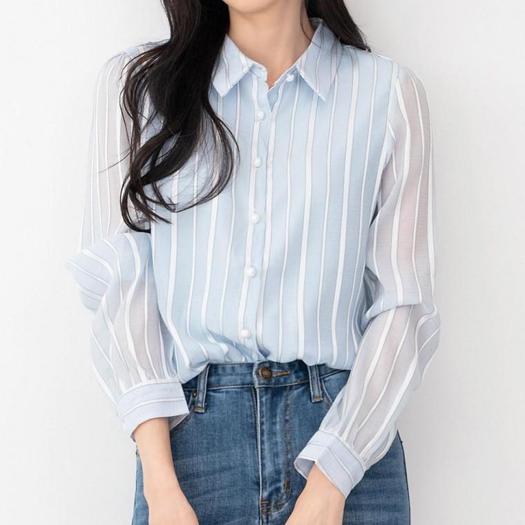 KAA 8523 여자소매시스루긴팔블라우스 롱 여성의류 프릴 셔츠 여성 시스루 블랙쉬폰 쉬폰 쉬폰블라우스 블