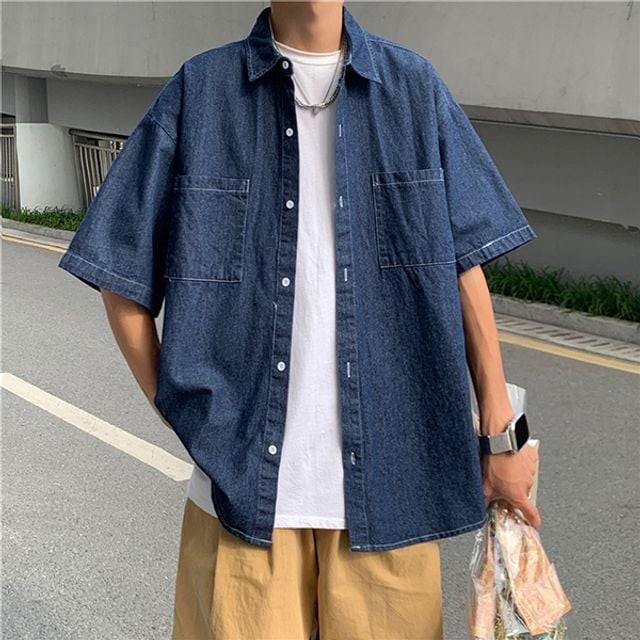 2컬러 데님 반팔 셔츠 청남방 남성 캐주얼 오버핏 남녀 공용