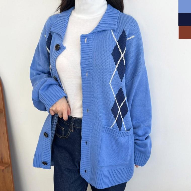 2LCHE 1010W 여자오버핏아가일니트가디건 남성 루즈핏 아우터 박시 여름 가디건 간절기 박디건 원피스 여성