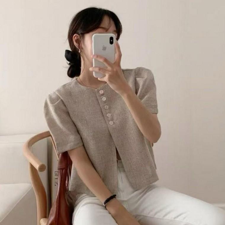 쥬디제이 단추 린넨자켓 여름자켓 여성여름자켓 여자 크롭 라운드 자켓 재킷 노카라 반팔 여성 여름