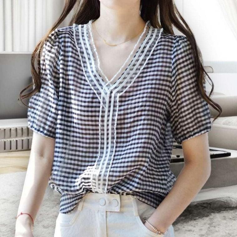 브라우스 여름 체크 블라우스 셔링 여성 여성블라우스 여름블라우스 여성 퍼프 여름 블라우스 반팔 셔츠