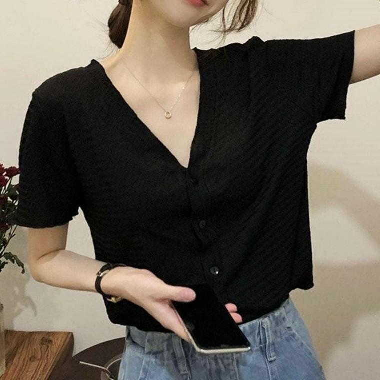 브이넥 여름블라우스 반팔블라우스 여성 블랙 여자 여름 브라우스 여름블라우스 반팔블라우스 여성