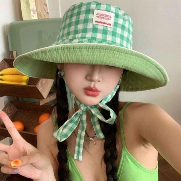 격자 체크 양면 와이드 챙 선캡 모자 여름 휴가 벙거지 밀짚 여자 여성 여름 사파리 면 선캡 모자 밀집