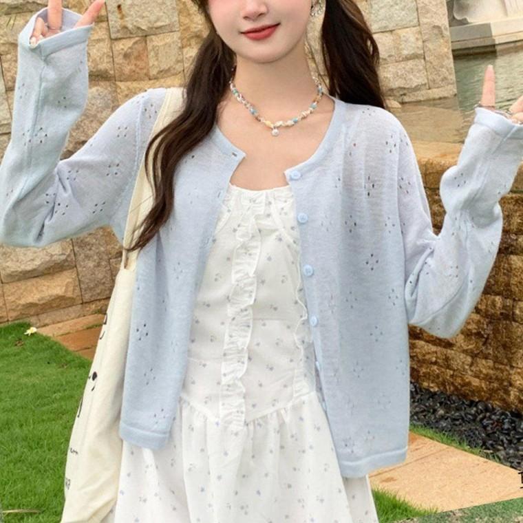 여름가디건 여름 봄 휴양지 얇은 펀칭 긴팔 가디건 스카이 얇은 여자 긴팔 여름 휴양지 봄 여성 썸머