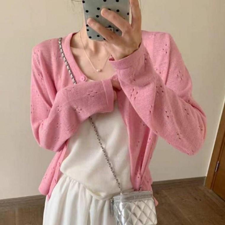 여름가디건 여름 봄 휴양지 얇은 펀칭 긴팔 가디건 핑크 여름 휴양지 여자 사무실 펀칭 썸머 여성 얇은