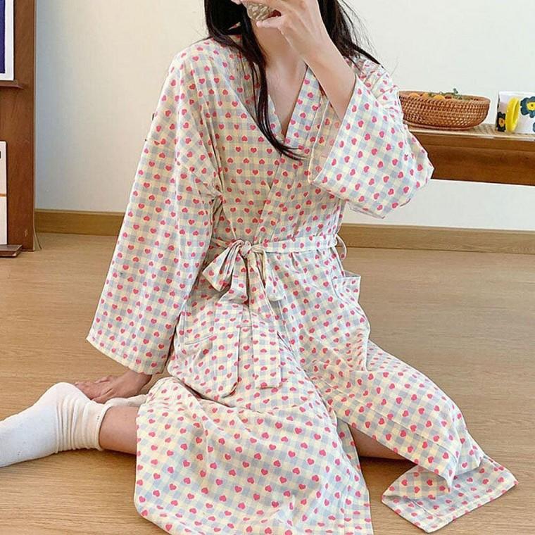 여름홈웨어 잠옷 여름 하트 홈캉스 체크 여성 홈웨어 샤워 샤워가운 시원한여름홈웨어 롱가운 여성샤워잠옷