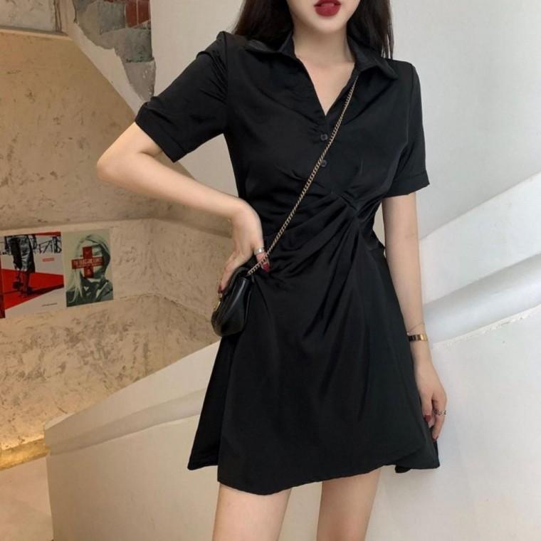 허리주름 여성여름 민소매 원피스 여리핏 끈 롱 반팔카라 블랙 여름