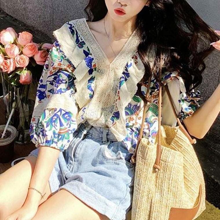 예쁜 여름 반팔 브이넥 브라우스 여름블라우스 반팔블라우스 프릴 반팔블라우스 여름블라우스 여성