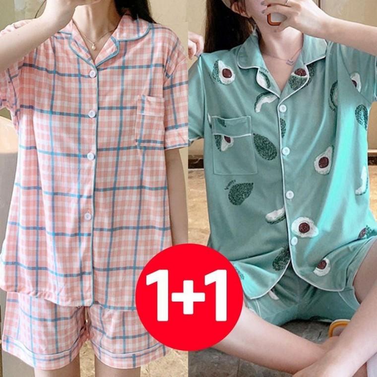 여름잠옷 여름 반팔 바지 잠옷 세트 2개 애프리콧아보카도 파자마 체크 잠옷 반팔 예쁜 여름 반바지 여성
