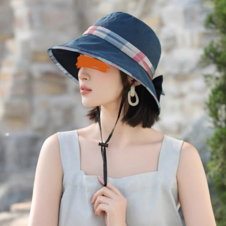 직구직판 체크 긴챙 여성 여름 버킷햇 시원한 여름모자 쉬폰 리본 벙거지