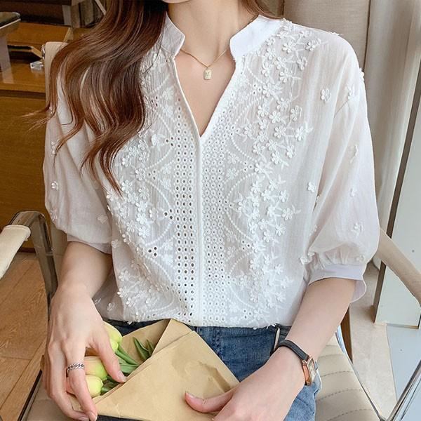 은창]순백의 정원 펀칭 플라워 블라우스 셔츠 여름 상의 여름 퍼프 반팔 상의 블라우스 티셔츠 셔츠