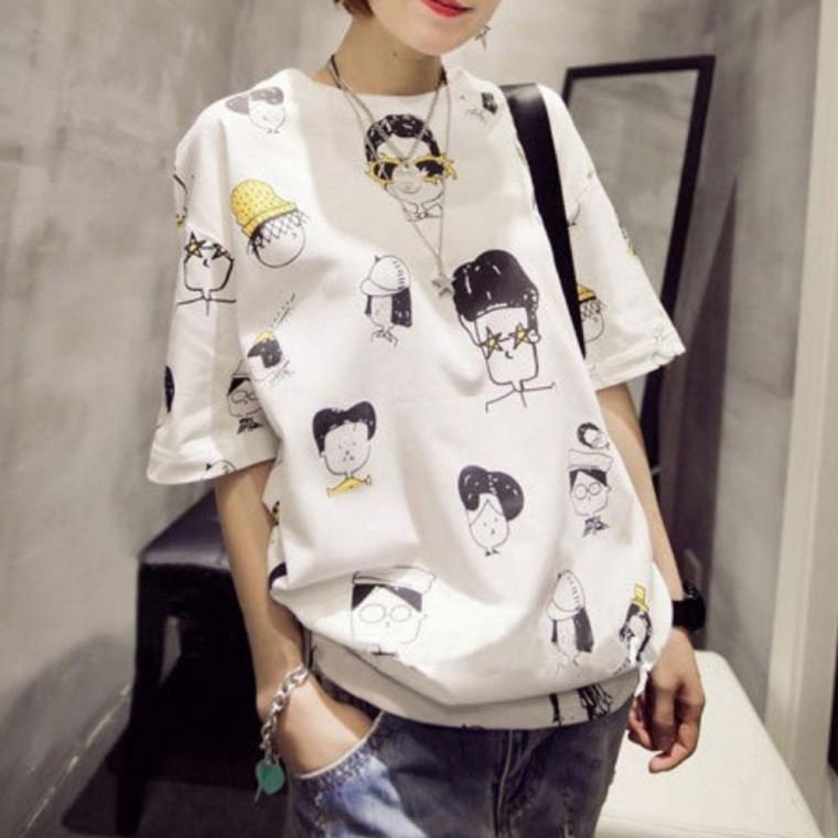 일러스트 여자 반팔 티셔츠 패턴 여성 여름 반팔티 여성 셔츠 여자 여름 반팔티