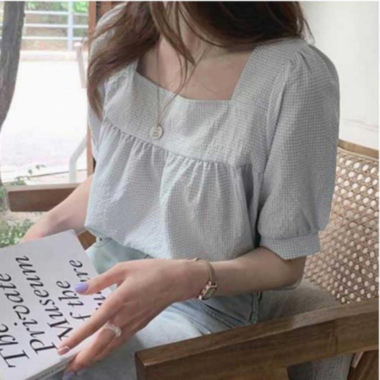 직장인 블라우스 체크 여름블라우스 여성여름블라우스 반팔 셔링 여성 코디 출근룩 여성블라우스 깔끔한 여