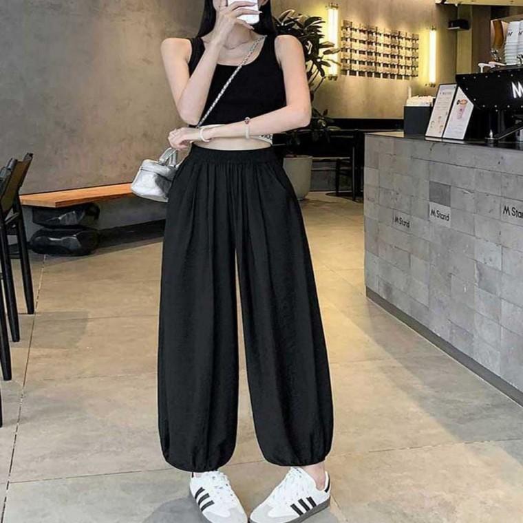 여름 데일리패션 롱 루즈핏 여자여름바지 여성 밴딩 팬츠 신혼여행룩