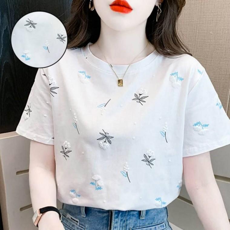 입체꽃 여성티셔츠 여성 여름 여자여름니트티 루즈핏 롱티셔츠 푸른 크롭티