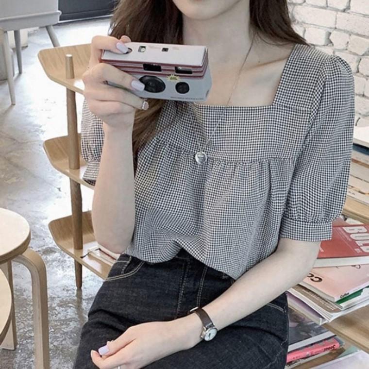체크 여자 반팔 티셔츠 스퀘어넥 여름 셔링 반팔티 여성 반팔티 셔츠 여름 여자
