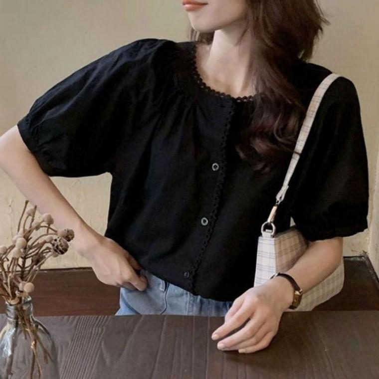 여름 반팔 블라우스 여성 예쁜 하객 브라우스 블랙 라운드 셔츠 넥 여자 여성 여름 레이스 하객 예쁜