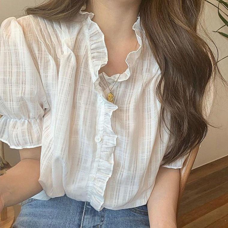 여자 여름 프릴 루즈핏 반팔 블라우스 여자 루즈핏 반팔 여름 여성 블라우스 러플 프릴 데일리