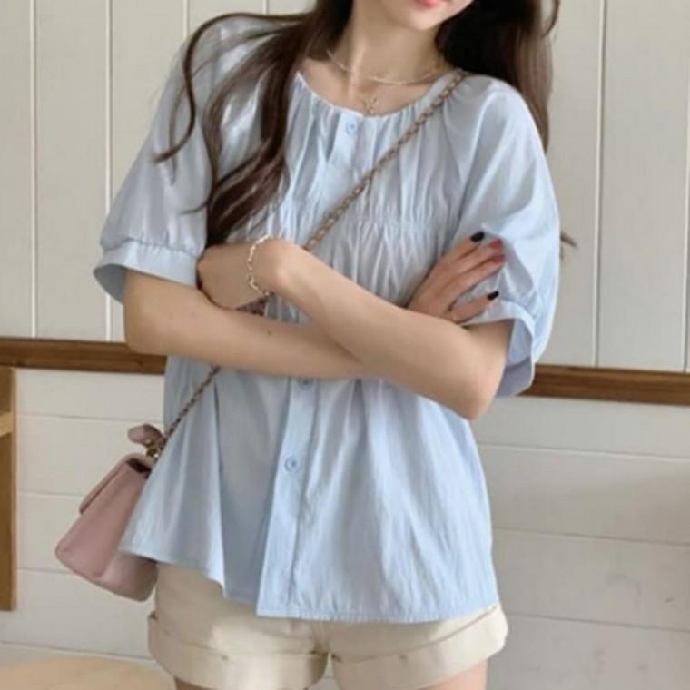 여성반팔셔츠 데일리룩 블라우스 셔링 반팔 여성 노카라 시원한 여름 여자반팔셔츠 여름블라우스 셔츠 플레