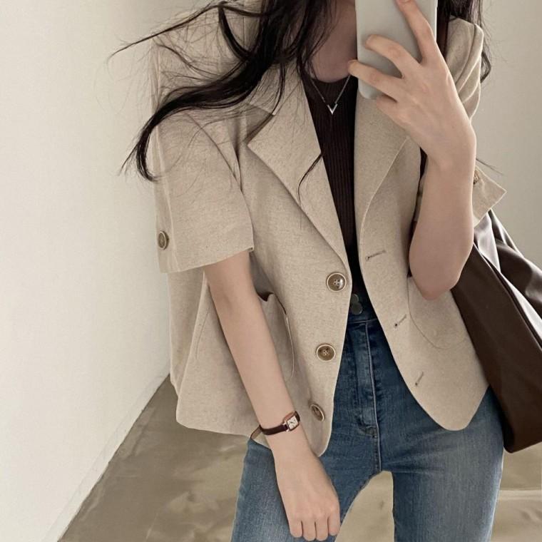 쥬디제이 린넨자켓 여름자켓 여성여름자켓 반팔자켓 크롭 여자 쟈켓 자켓 라운드 여성 노카라 7부 재킷
