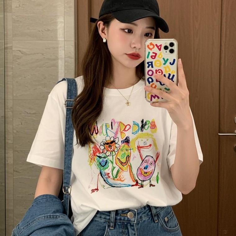 여성여름티셔츠 여성 여름 티셔츠 예쁜 프린팅 라운드 반팔 흰 티 프린팅반팔티