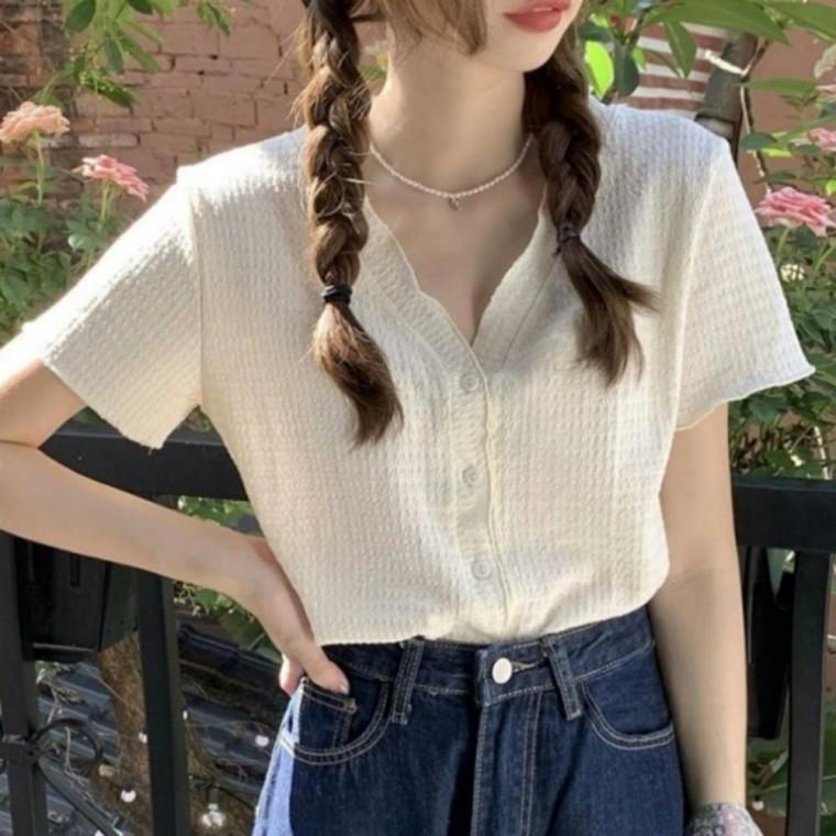 여성블라우스 블라우스 시원한 여름블라우스 여성 여름 반팔블라우스 블랙 브이넥 기본데일리룩 반팔 상의