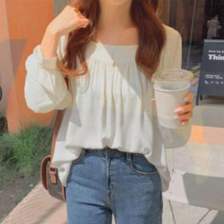 여성블라우스 스퀘어넥 여름블라우스 기본데일리룩 블라우스 긴팔 여성 여름 노카라 러블리룩 캐주얼블라우