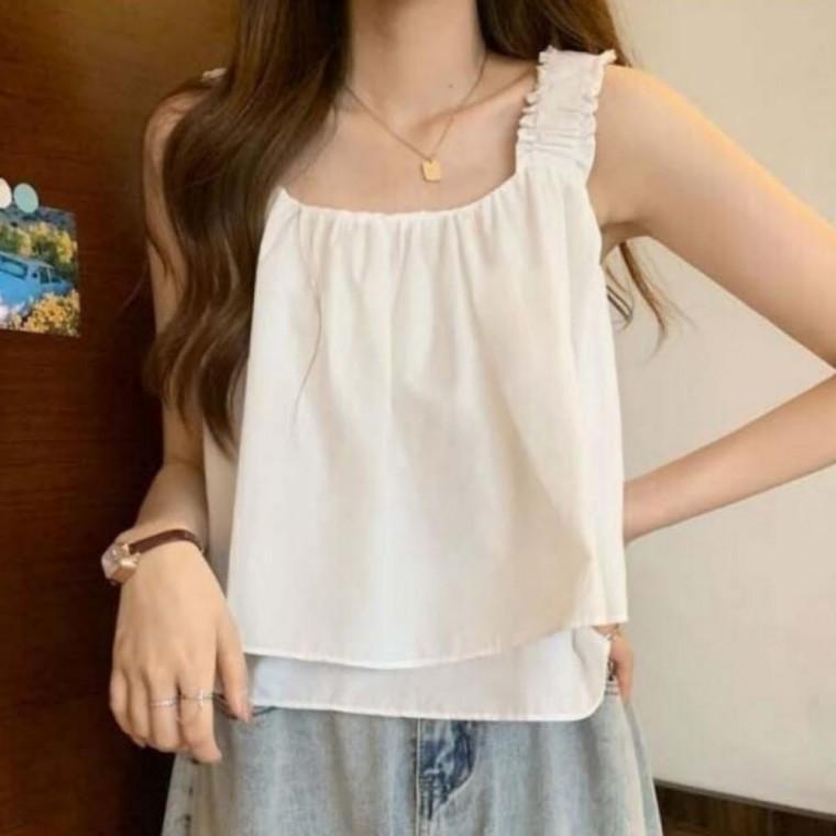 프릴 끈나시 바캉스룩 여름티셔츠 러블리 여름 숄더 끈나시티셔츠 민소매 여성 블라우스 여성의류 크롭핏