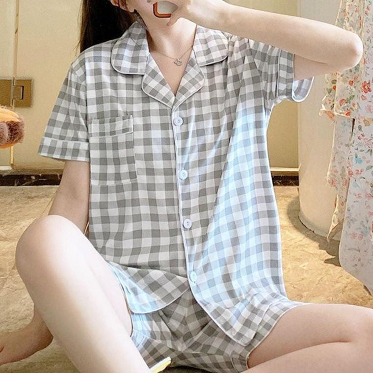 여름잠옷 여성잠옷 그레이 반바지 예쁜 체크 여성 여름 잠옷 세트 반팔