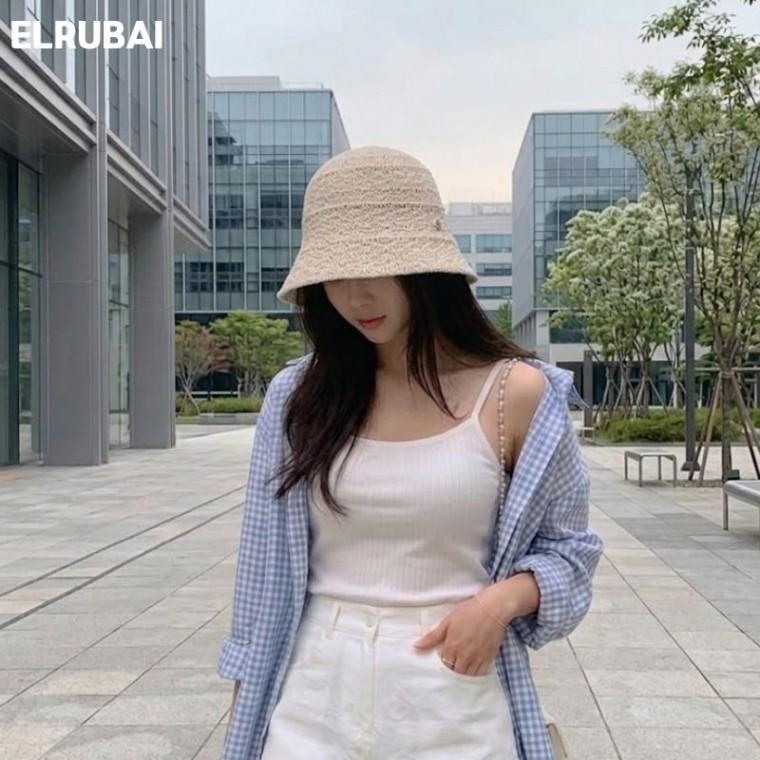 엘루바이 모던 시크 벙거지 버킷햇 여름여성모자 얼굴소멸 휴양지 대두모자 바캉스 밀짚모자 니트버킷햇