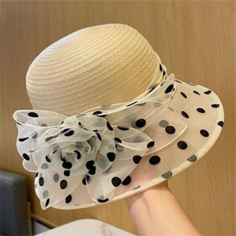 여자 넓은 리본 땡땡이 여름 여성 모자 모자 플라워 데일리 나들이