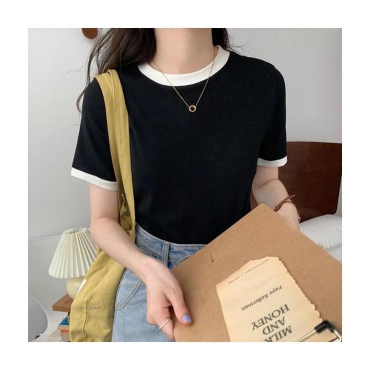 루미나D 배색 라운드 반팔티 봄 여름 데일리 티셔츠 여자 상의