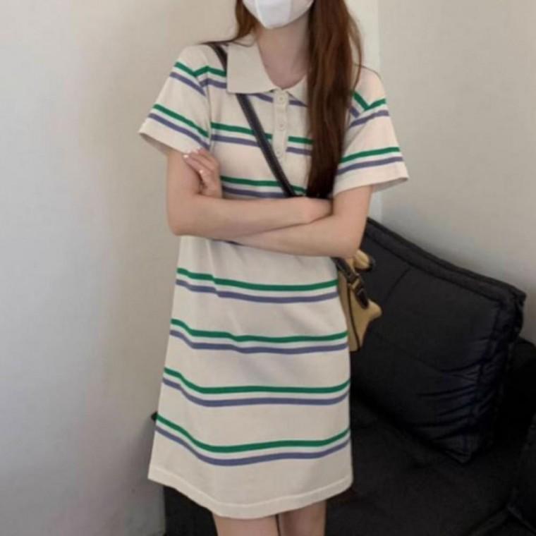 여름원피스 반팔 스트라이프 캐주얼룩 여자롱원피스 카라 원피스 패션 여성 여름 미니