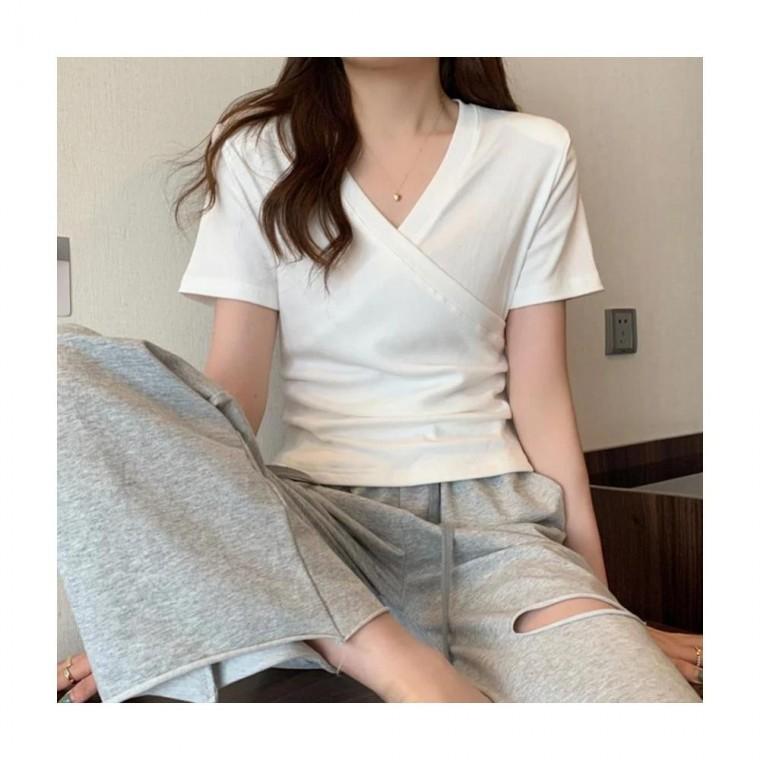 루미나D 반팔티 랩 브이넥 무지 스판 여자 봄 여름 셔링