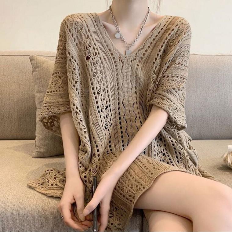 오버핏 그물니트 커버업 여름니트 시스루 브이넥 여성그물니트 여름