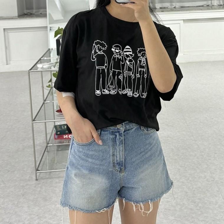 여름티셔츠 2컬러 드로잉 프린팅 여성 오버핏반팔티 반팔티셔츠 여름