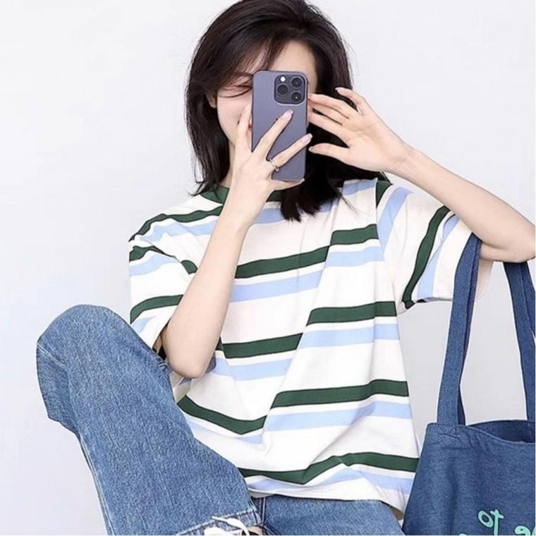 여성면티 루즈핏 반팔티 라운드티 배색 여름 단가라 여름반팔 스트라이프