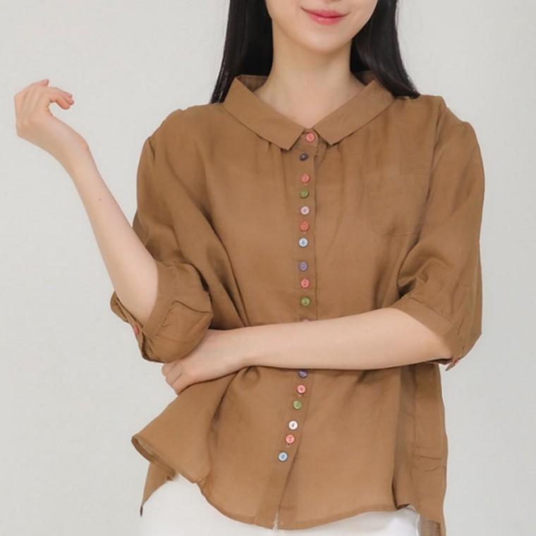셔츠 여름 린넨 반팔 여성 카라 블라우스 7부 여름 오버핏