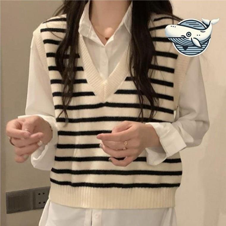 캐주얼 여름 브이넥 스트라이프 니트 레이어드 베스트 조끼 여름 여성 얇은 청 니트 롱 트위드 할머니