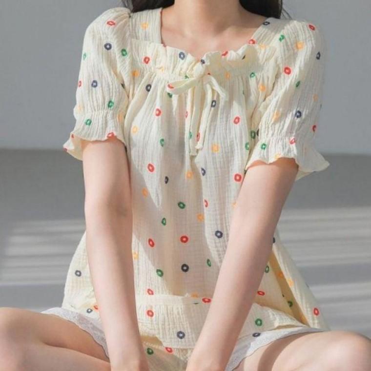 컬러 파자마 잠옷 투피스 여름잠옷 라운드 여성 파자마 여름 홈웨어 잠옷