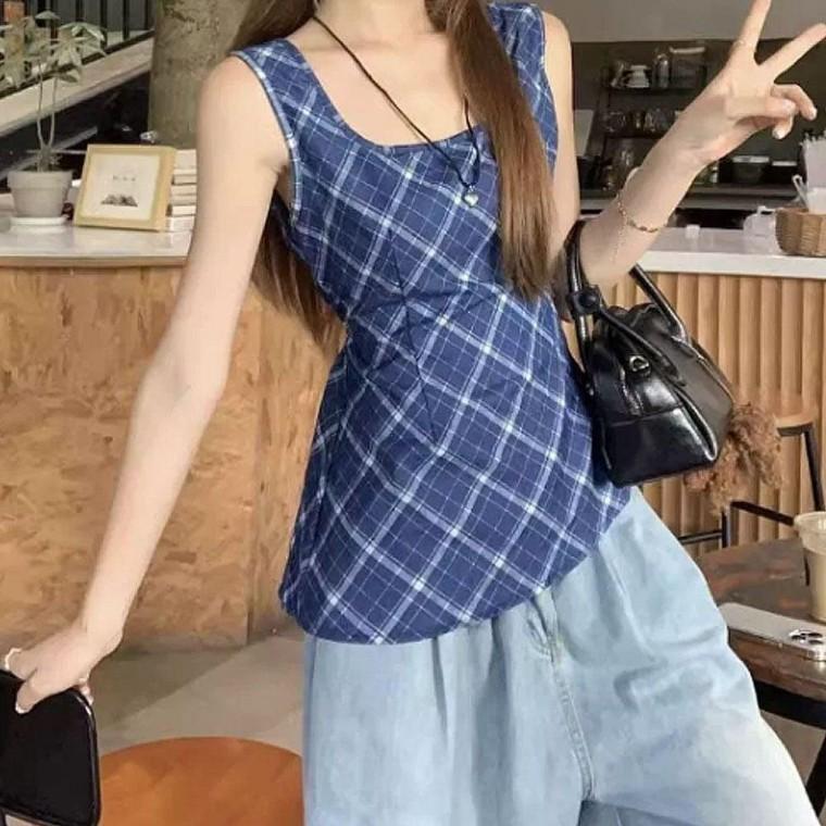 여성 블루 체크 민소매 여름 데일리 블라우스 체크 탑 민소매 데일리 여름 블라우스 셔츠 룩 패션