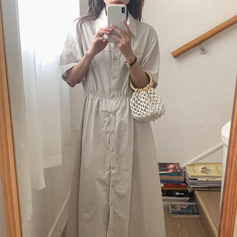 여성 여름 밴딩 카라 플레어 반팔 롱원피스 밴딩 여름 플레어 데일리 롱원피스 룩 패션원피스 인기