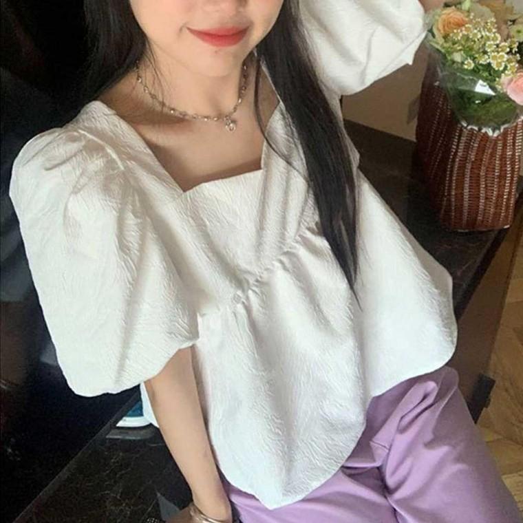 주말 여름 나들이 여름 화이트 블라우스 퍼프 반팔 반팔 쇼핑몰 흰 반소매 여성 퍼프 용 카라 브라우스