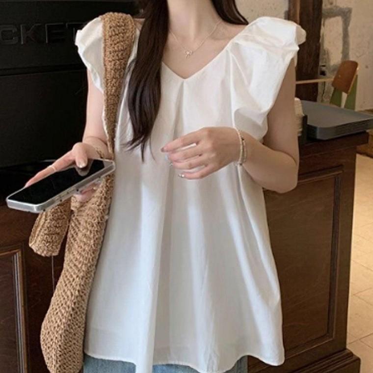 여성 프릴라인 반팔 블라우스 여름 데일리룩 데일리 프릴 셔츠 룩 블라우스 패션 탑 라인 반팔 여름