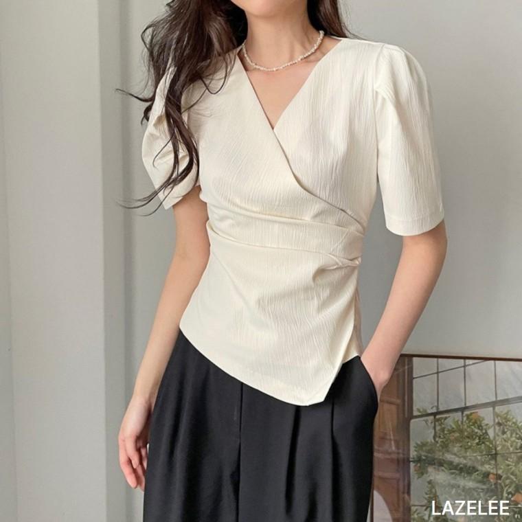 레이즐리 베이지 브이넥 셔링 랩 블라우스 반팔 퍼프소매 여름 하객룩 출근룩 오피스 여름블라우스 여자