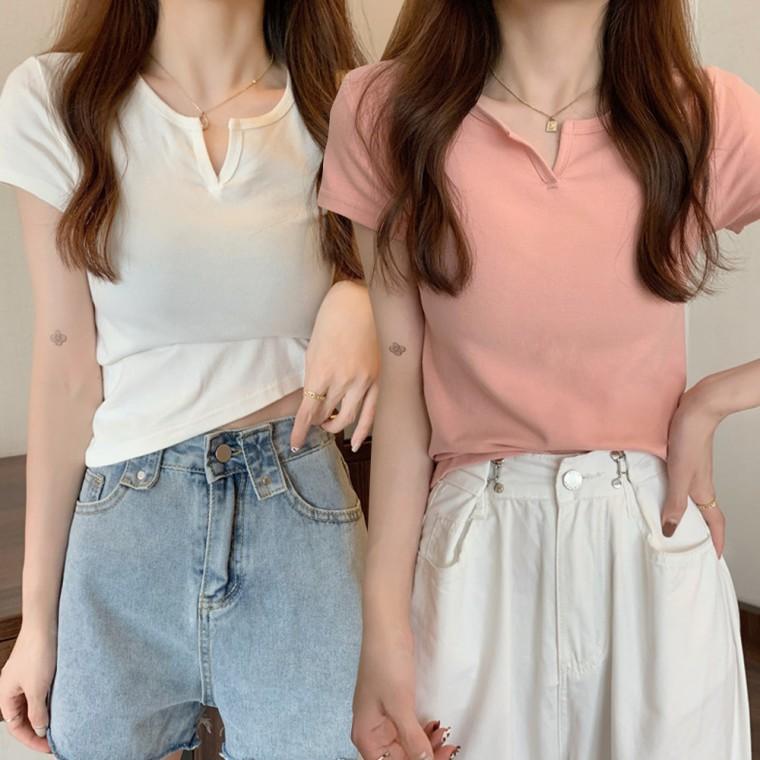 여성 여름 캐주얼 패션 앞트임 크롭 스타일 기본 무지 여름 반팔 티셔츠